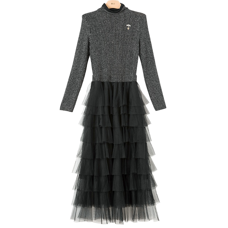 晚白2021春季新品时尚减龄立领长袖修身显瘦蛋糕裙A字连衣裙女