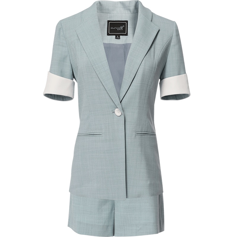 欧昵雪夏季时尚翻领短袖西装外套女高腰阔腿短裤两件套装