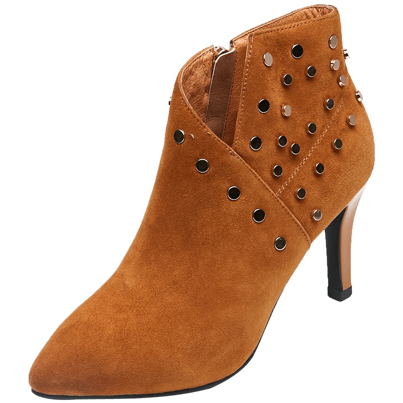 康奈女鞋 冬季纯色尖头侧拉链细跟短靴女百搭铆钉时装靴1278910