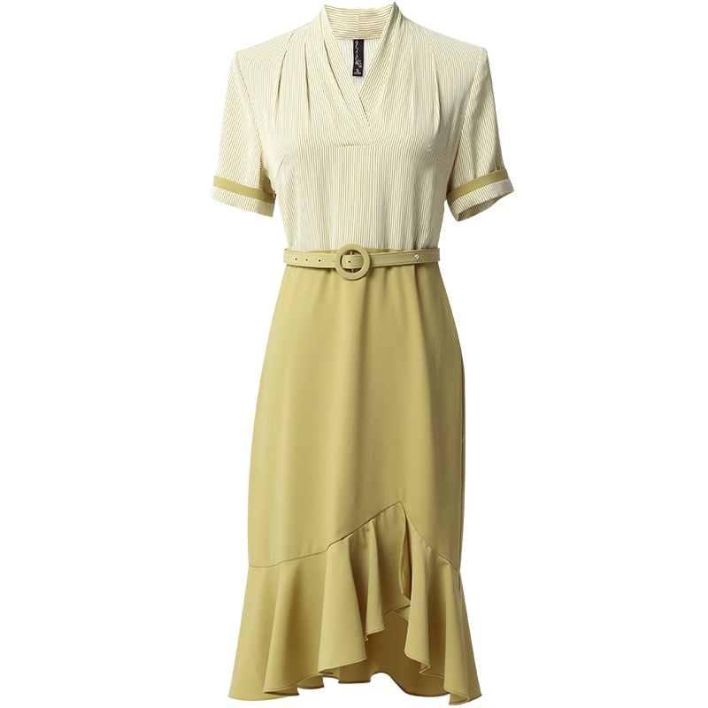 欧昵雪夏季V领气质条纹假两件连衣裙女短袖不对称鱼尾裙