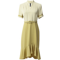 欧昵雪夏季V领气质条纹假两件连衣裙女短袖不对称鱼尾裙