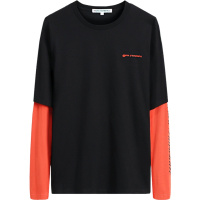 马克华菲长袖T恤男2020秋季新款纯棉宽松黑红撞色假两件打底衫潮