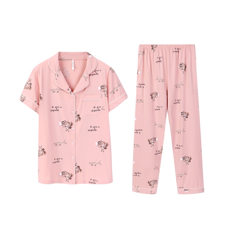 安之伴睡衣情侣夏季纯棉弹力针织印花国民领短袖女套装