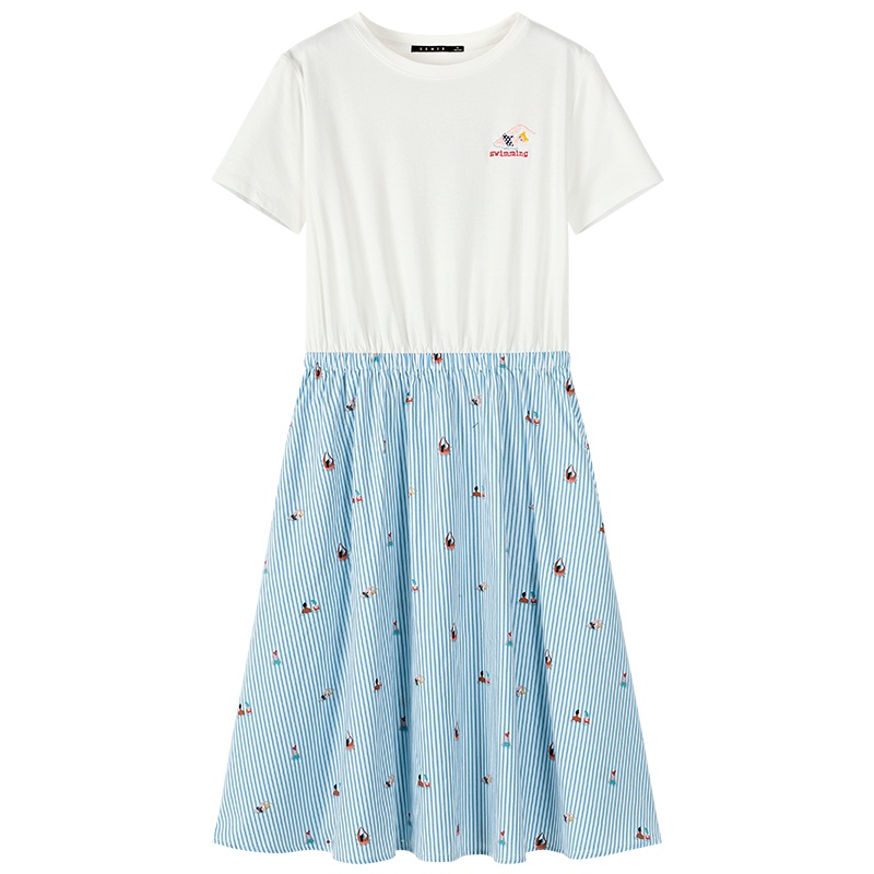 Semir森马2019夏季新款假两件连衣裙女卡通绣花套头收腰条纹纯棉裙子