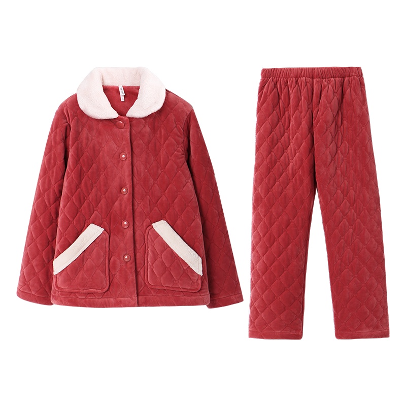 安之伴贝贝绒素色夹棉长袖女套装