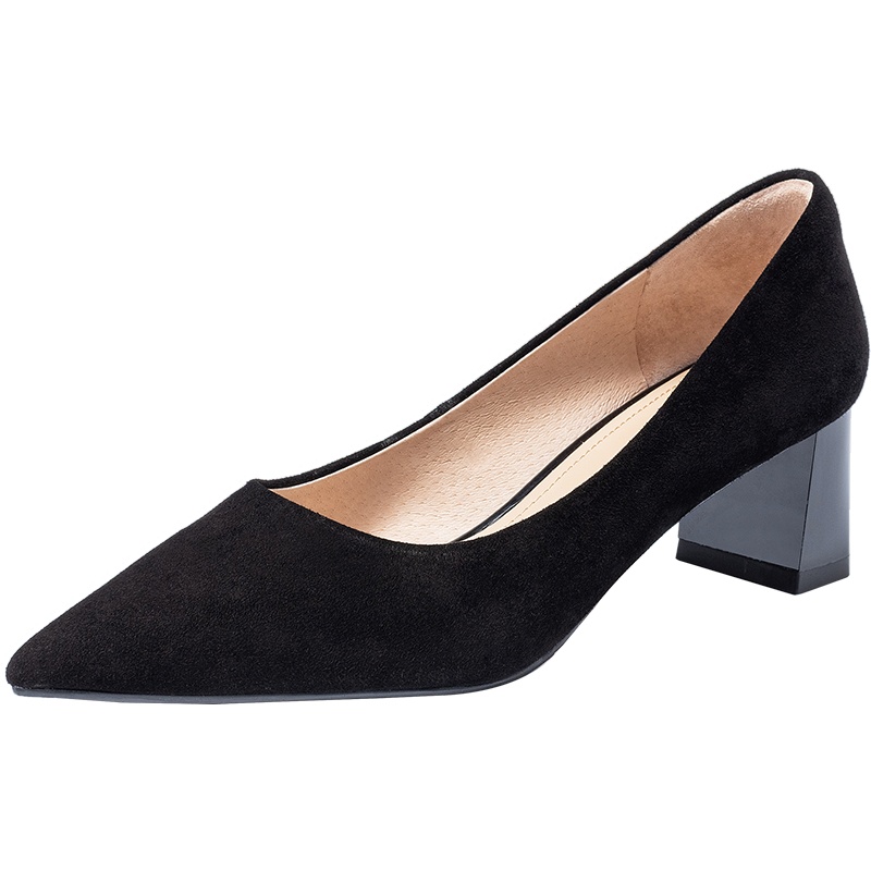 百田森秋季新款职业鞋女粗跟单鞋牛皮尖头通勤久站工作鞋女