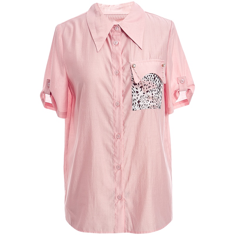 欧昵雪夏装Polo领豹纹印花口袋显瘦衬衫女设计感短袖上衣