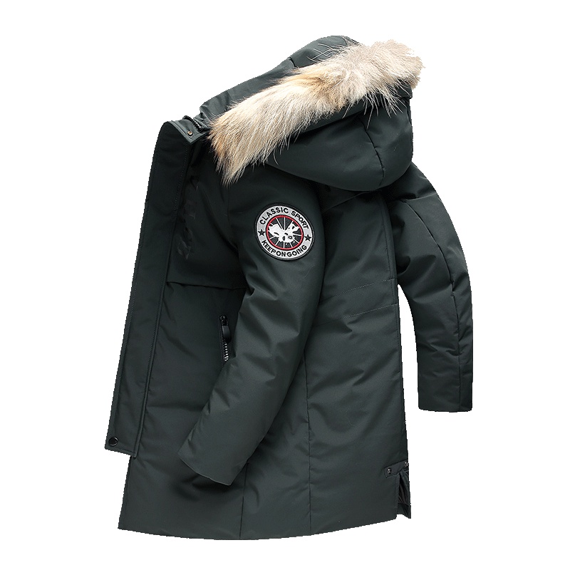 雪中飞男士连帽中长款羽绒服冬装潮流加厚貉子毛领白鸭绒防寒外套