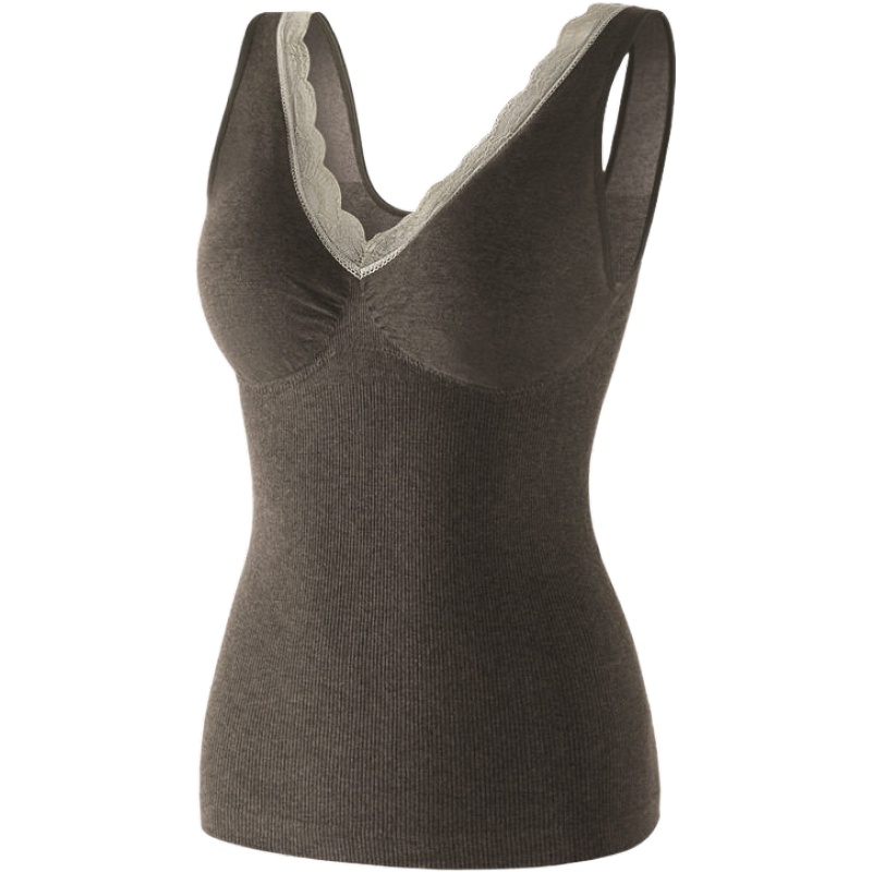 俞兆林2020秋冬新款性感V领蕾丝花边保暖背心女一体毛圈绒马甲无缝美体上衣