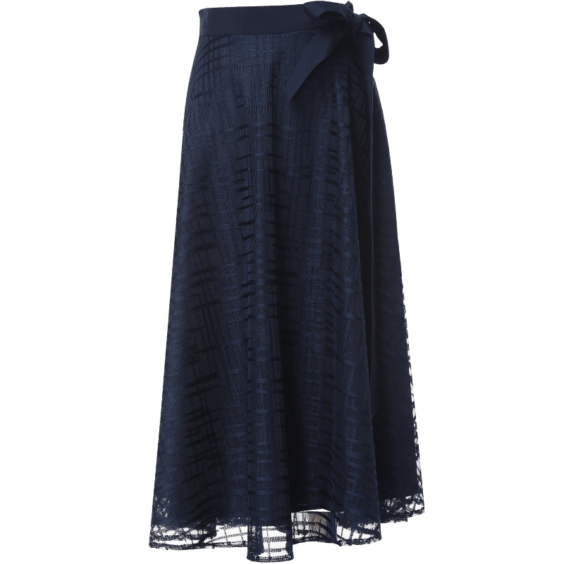 欧昵雪夏季蝴蝶结系带高腰格纹网纱半身裙女中长款A字裙