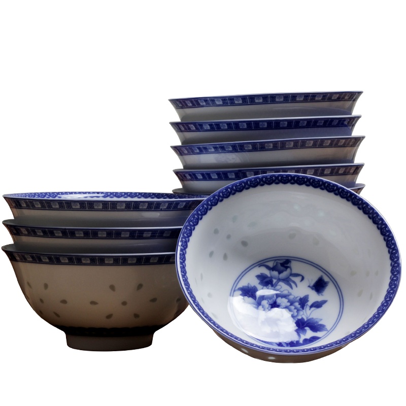 LICHEN 景德镇青花玲珑陶瓷碗 釉中彩陶瓷器饭碗 牡丹花 5英寸饭碗10个装 微波炉适用