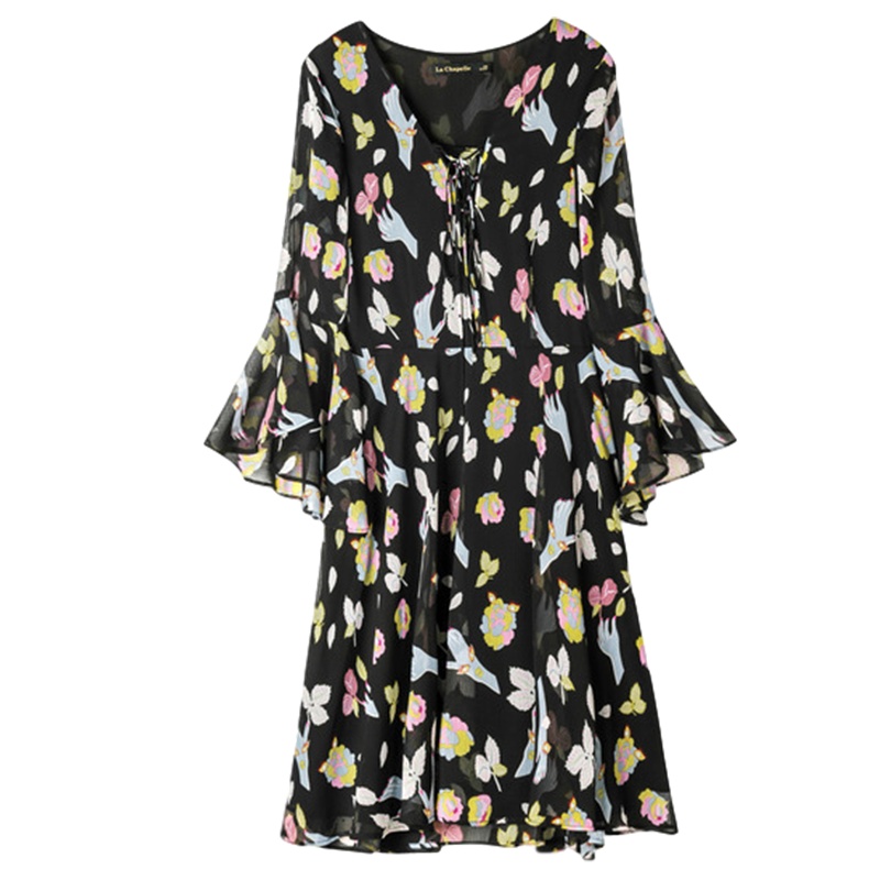 拉夏贝尔新款连衣裙雪纺韩版高腰显瘦荷叶袖矮个子裙子女