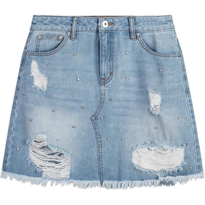 拉夏贝尔拉贝缇牛仔短裙女夏季新款韩版高腰港味破洞a字半身裙子