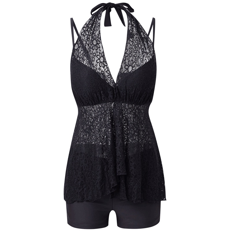 号手蕾丝泳衣女2018新款分体显瘦遮肚子黑色性感聚拢镂空温泉泳装