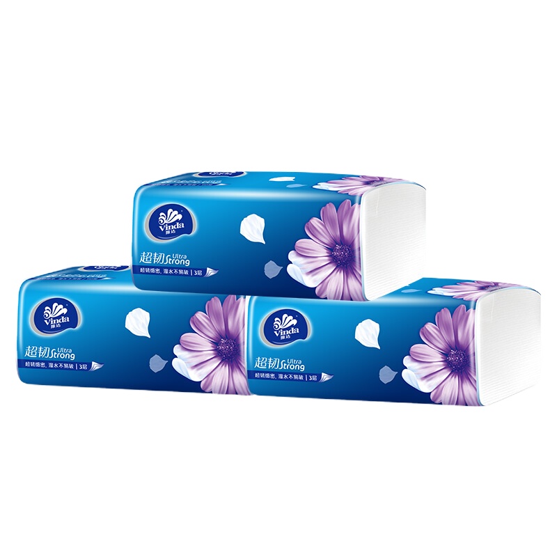维达 vinda 超韧袋装抽取式面巾纸三层 V2220 150抽/包 3包/提 单位：提