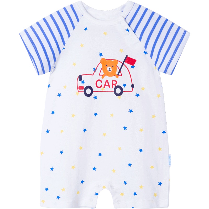 贝贝怡条纹肩开连身衣男童夏装卡通印花连体衣宝宝哈衣爬服182L132