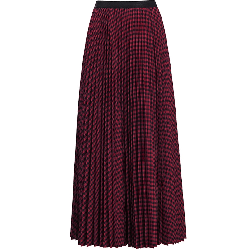 晚白2020秋冬新品时尚通勤简约松紧高腰印花休闲百褶半裙半身裙女