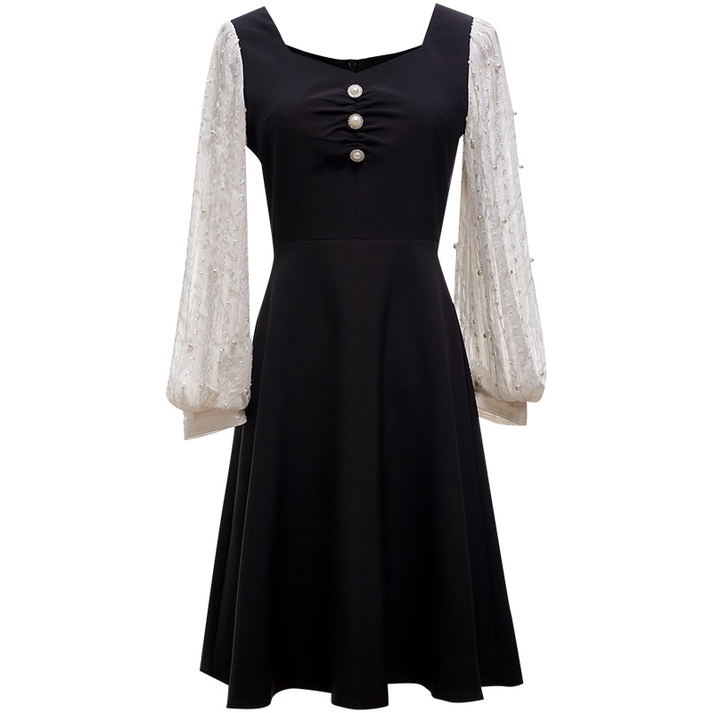 欧昵雪复古方领拼接雪纺长袖收腰连衣裙女显瘦a字裙