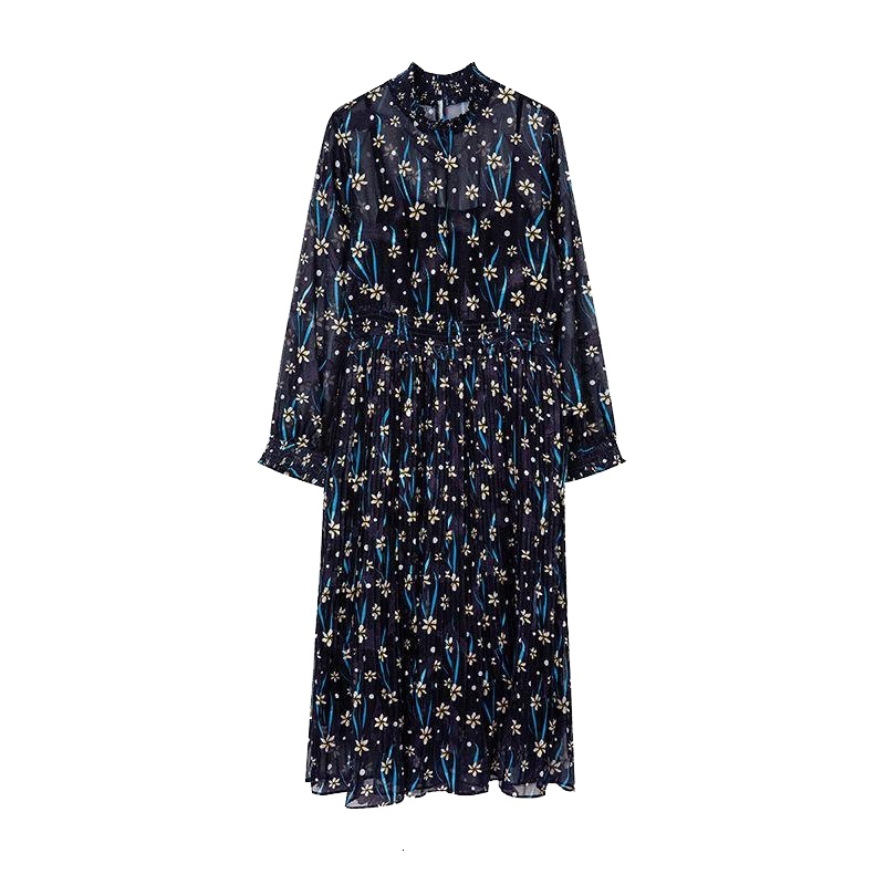 【专柜同款】拉夏贝尔秋冬新款韩版宽松网纱裙长袖气质显瘦休闲中长碎花连衣裙10017646