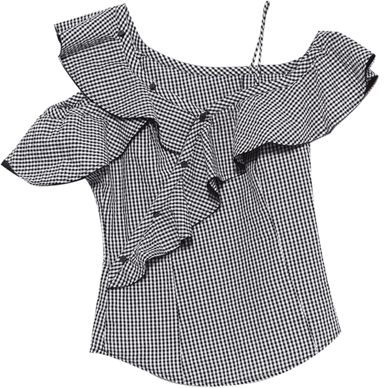 马克华菲女装2019夏短款小清新格子衬衫女潮 荷叶边斜肩上衣