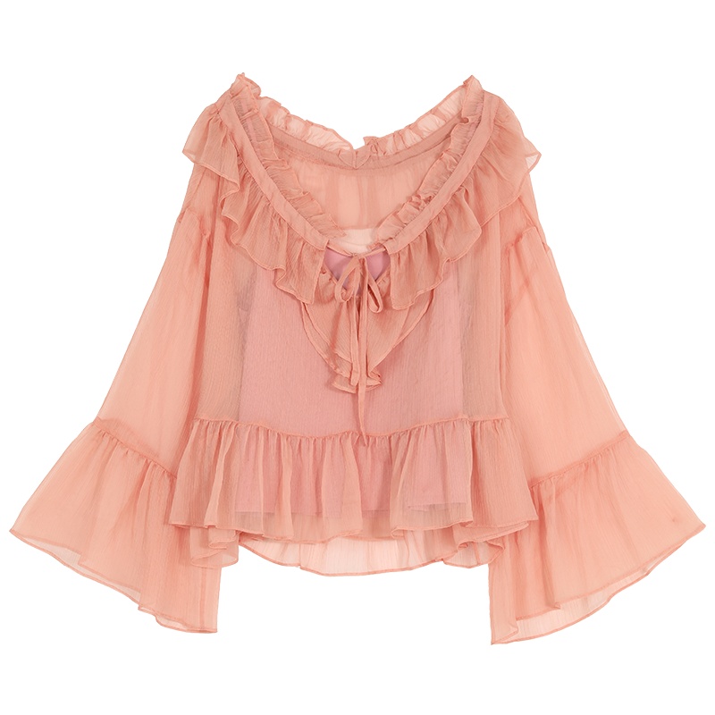 妖精的口袋v领雪纺短款衬衫2019夏装新款女很仙的上衣洋气长袖