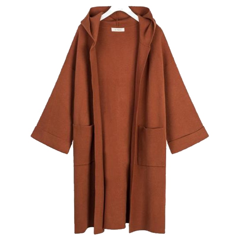 【热卖】毛衣外套女连帽中长款2019春秋季新款chic宽松慵懒风针织开衫大衣60006275