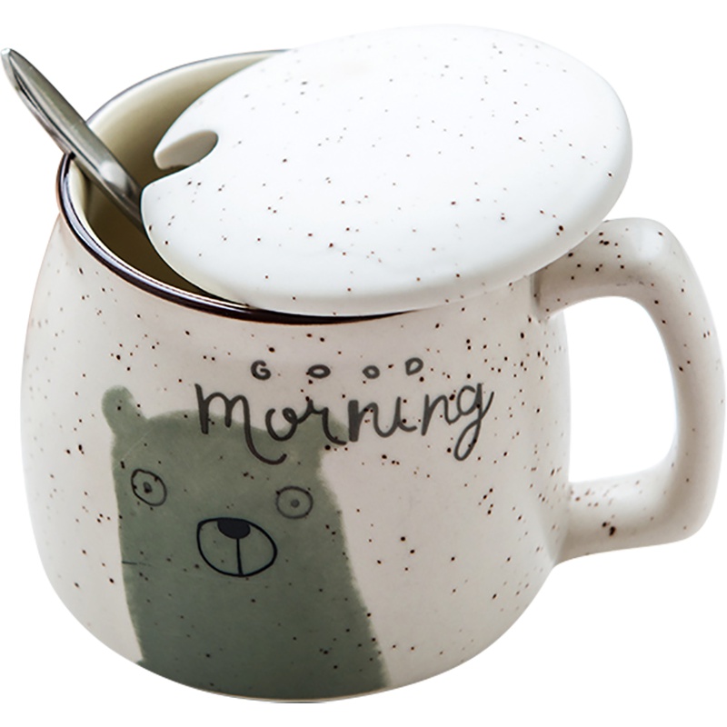 瓷魂 创意时尚陶瓷卡通杯情侣马克杯带盖勺水杯子清新可爱牛奶咖啡杯 萌萌动物系列