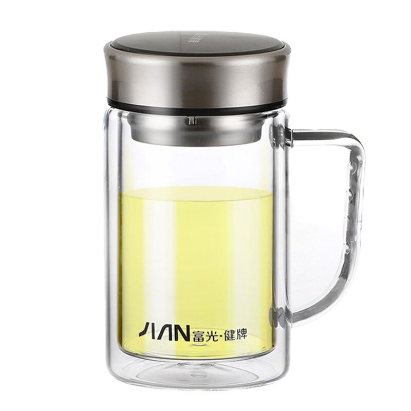 富光(FUGUANG) 男女士带茶隔 便携创意双层泡茶玻璃水杯 黑色 570ML (X1501-KSPT)