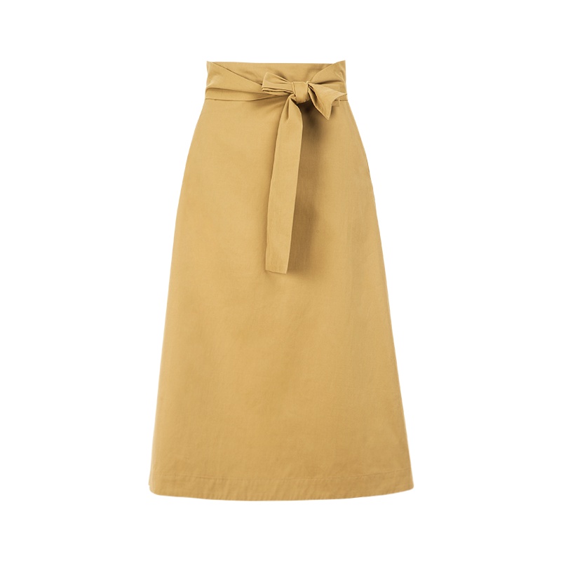 晚白2019夏季新品优雅纯色高腰系带收腰显瘦中长款A字裙半身裙女