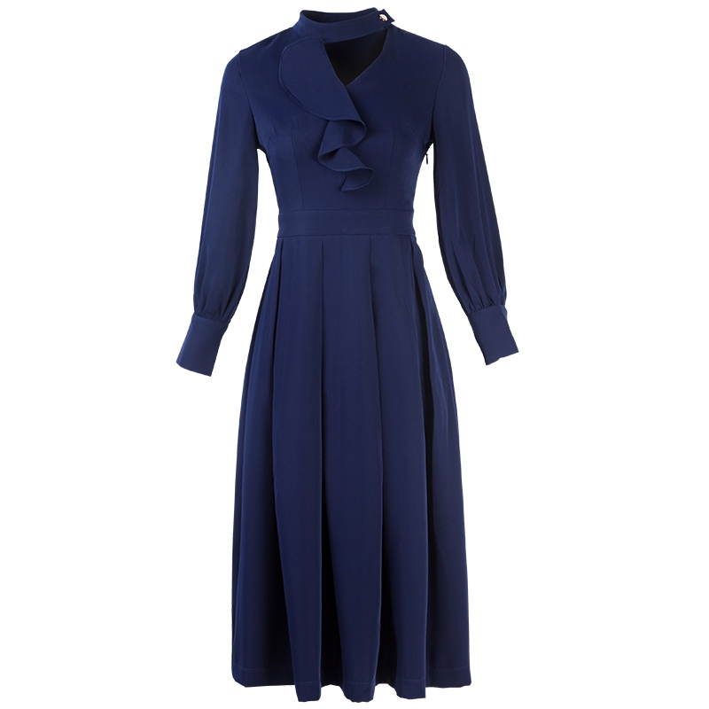 晩白 新品通勤优雅气质纯色简约收腰显瘦A字长袖连衣裙女