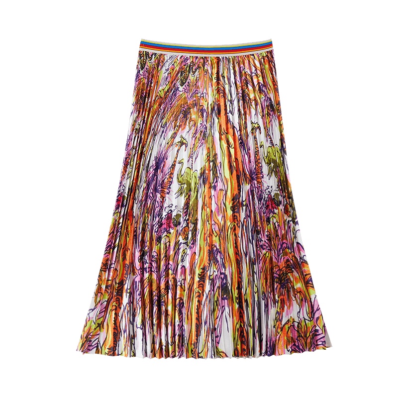 鄂尔多斯ERDOS春夏彩色条纹松紧腰带织带半身裙