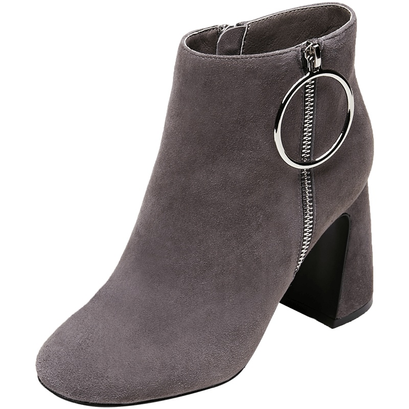 康奈女鞋 冬季纯色羊反绒圆头粗跟侧拉链短筒靴女优雅通勤百搭时装靴1278400