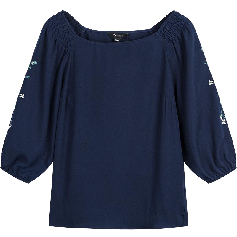 拉夏贝尔上衣女新款韩版时尚小清新衬衫长袖百搭学生宽松刺绣衬衫_471 S 藏青