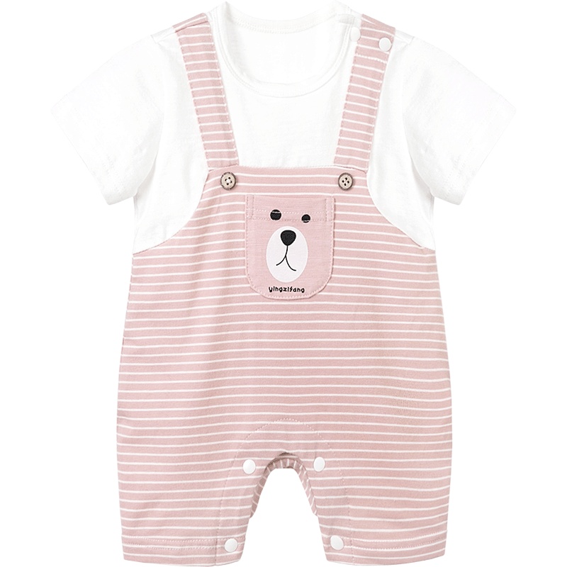 婴姿坊男女幼童夏季圆领短袖假两件背带舒适连体衣3月-2岁66-90码