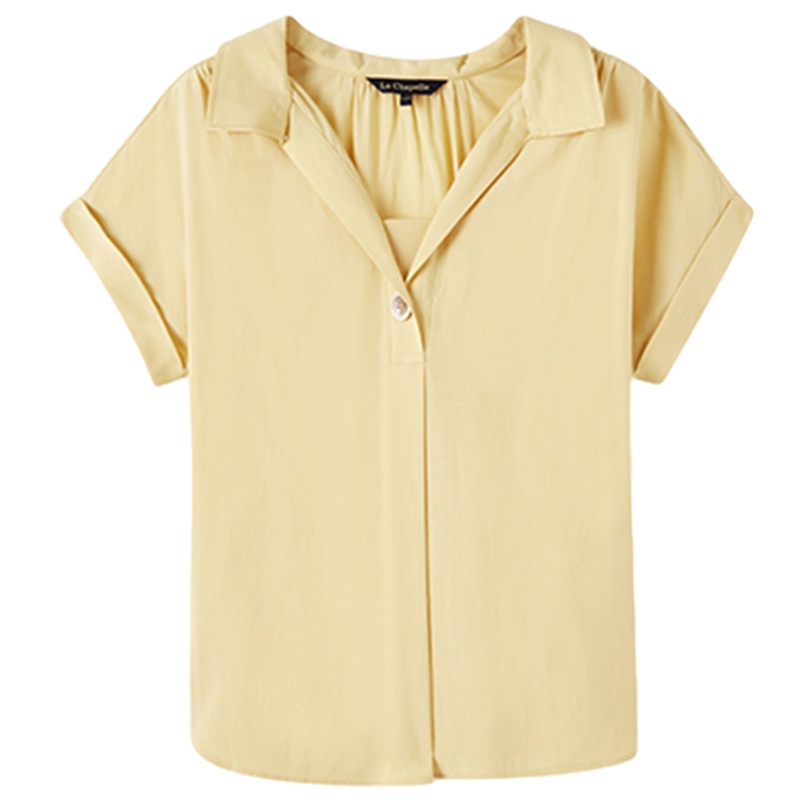 拉夏贝尔洋气亚麻衬衫女韩版新款夏季v领气质宽松短袖衬衣