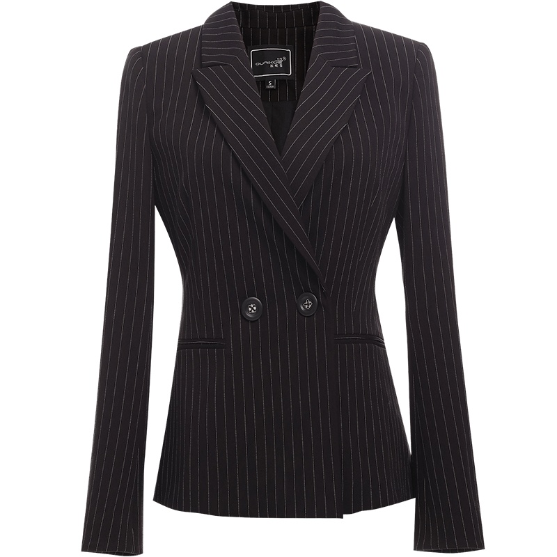 欧昵雪气质翻领条纹修身显瘦西装外套女长袖短款西服