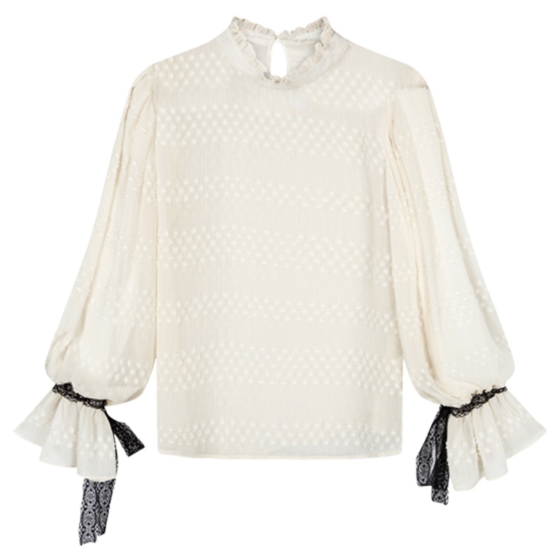 拉夏贝尔雪纺长袖女甜美小清新上衣宽松百搭韩版灯笼袖蕾丝衫女2T000562