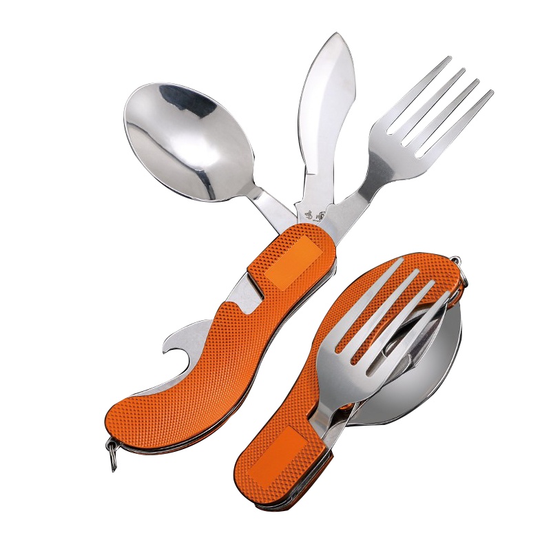 鸣順(Mingshun)家用成人便携餐具套装多功能折叠勺子刀叉户外旅行不锈钢餐具 橘色