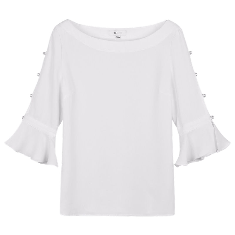 拉夏贝尔7M夏季新款韩版潮流宽松夏装新款衬衣七分袖珍珠荷叶边白色雪纺衬衫小衫女