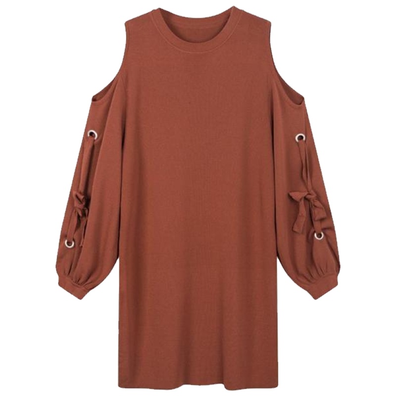 【热卖】7M莫丽菲尔系带宽松泡泡袖显瘦露肩中长纯色针织连衣裙女70009887