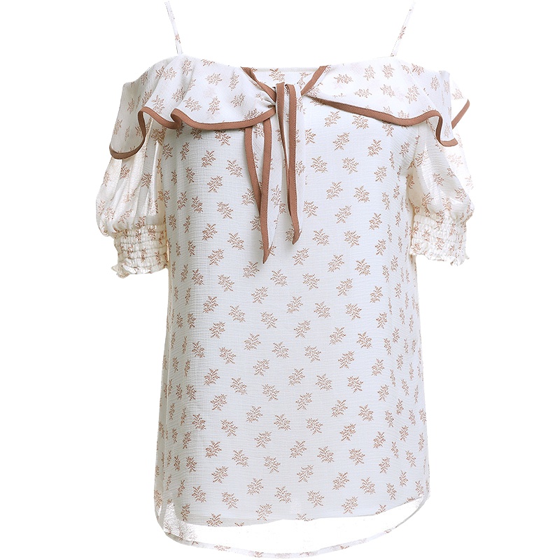 欧昵雪 夏拼接荷叶边系带碎花短袖T恤女一字肩吊带上衣X