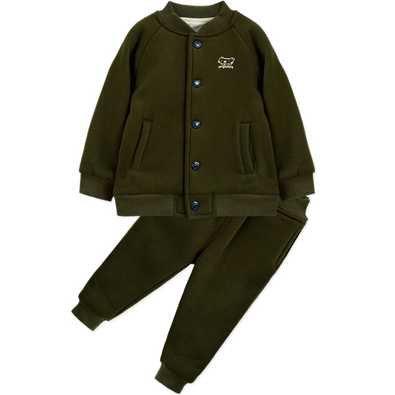 婴姿坊男女童春秋新款套装圆领夹棉暗扣修身双小口袋保暖两件套