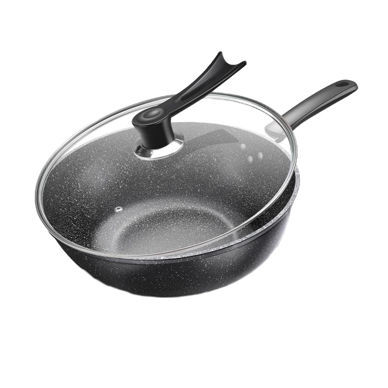 麦饭石不粘锅炒锅铁锅家用炒菜锅电磁炉煎炒两用平底锅煤气灶专用 30cm麦饭石炒锅/带盖(送木铲洁布)