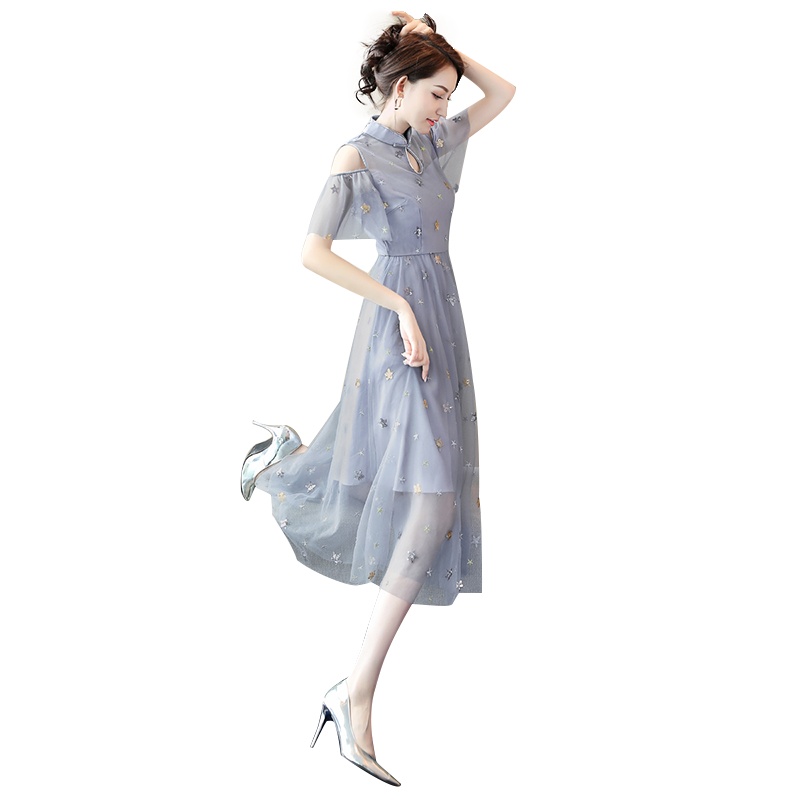 丝柏舍2020夏季女小清新露肩短袖修身网纱拼接连衣裙S92R0838L