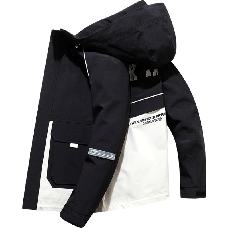 LEEVIRHINO2021年秋冬新款中青年夹克男士大码时尚拼色印花男士夹克宽松连帽外套男士上衣长袖潮流衣服男装