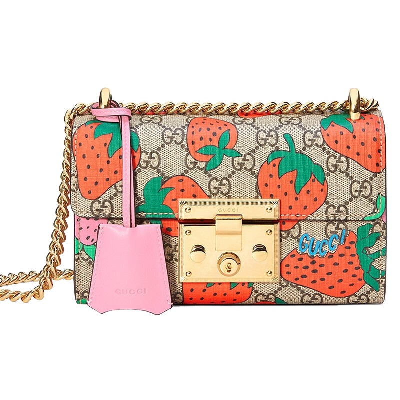 [海外直邮]GUCCI 古驰女包乌木色草莓印花帆布链条锁扣小号单肩斜跨手提包409487 G89AG 8483