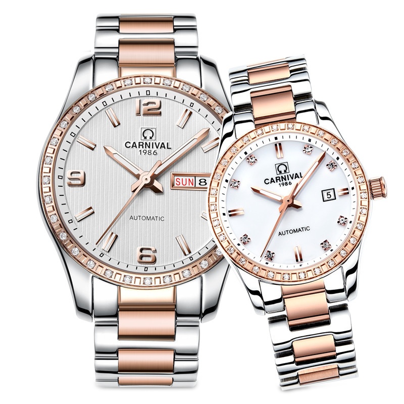 瑞士嘉年华Carnival情侣表全自动机械表 男休闲时尚手表多功能夜光防水金属精钢带情侣腕表男表女表一对表8692情侣款