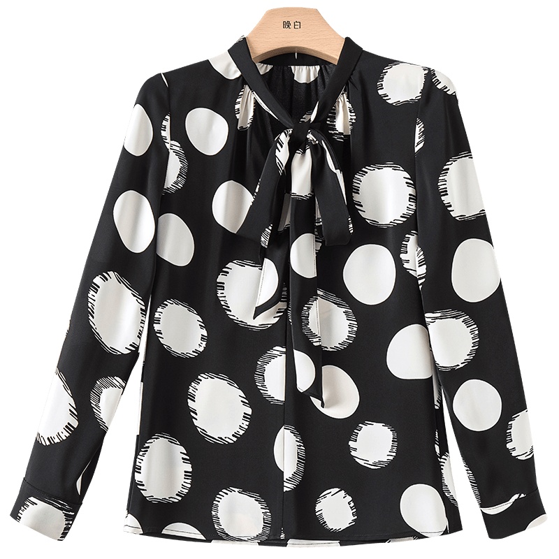 晚白2021春新品休闲百搭系带V领大圆点印花长袖雪纺衫衬衫衬衣女