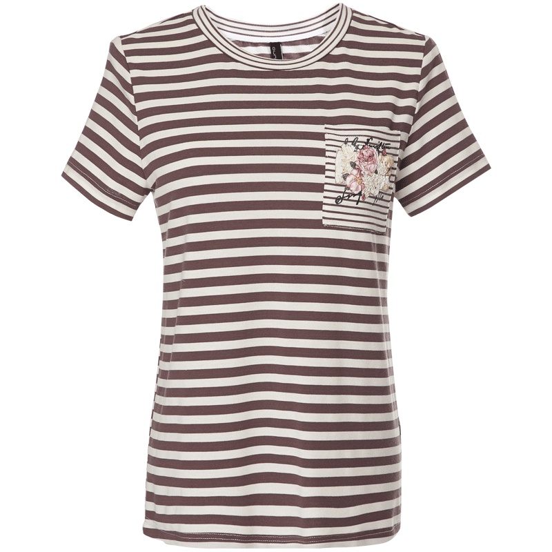 欧昵雪夏季花卉字母印花口袋圆领条纹T恤女短袖上衣体恤