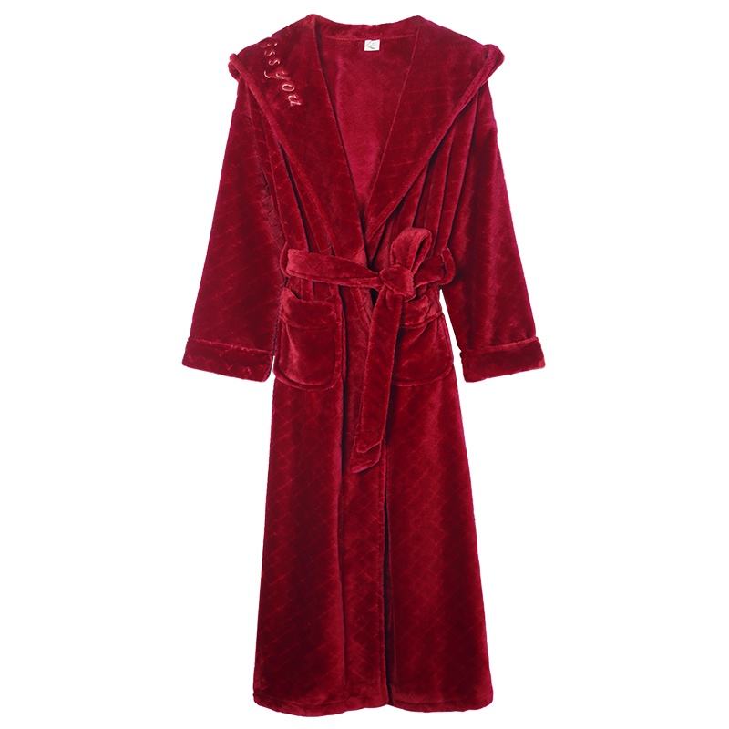 猫人喜庆红色法兰绒情侣睡袍秋冬连帽晨袍浴袍男女珊瑚绒家居服